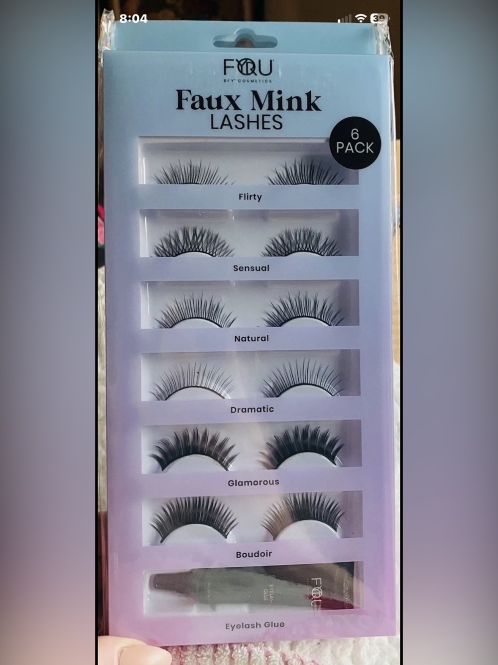 NIB BFY Cosmetics Lot 6 Black Pack Fake Faux Mink Eyelashes Pack Set Glue